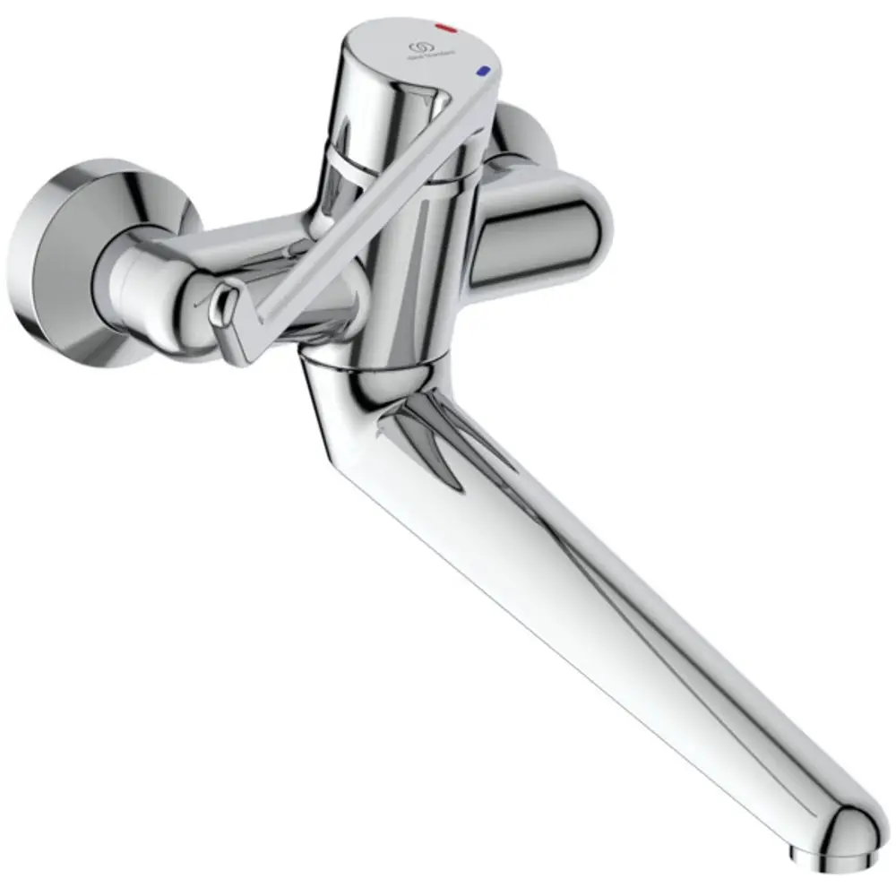 Küchenarmatur von Ideal Standard mit einem verchromten Finish, einem langen Hebel für die Temperaturregulierung und einem geraden Auslauf.